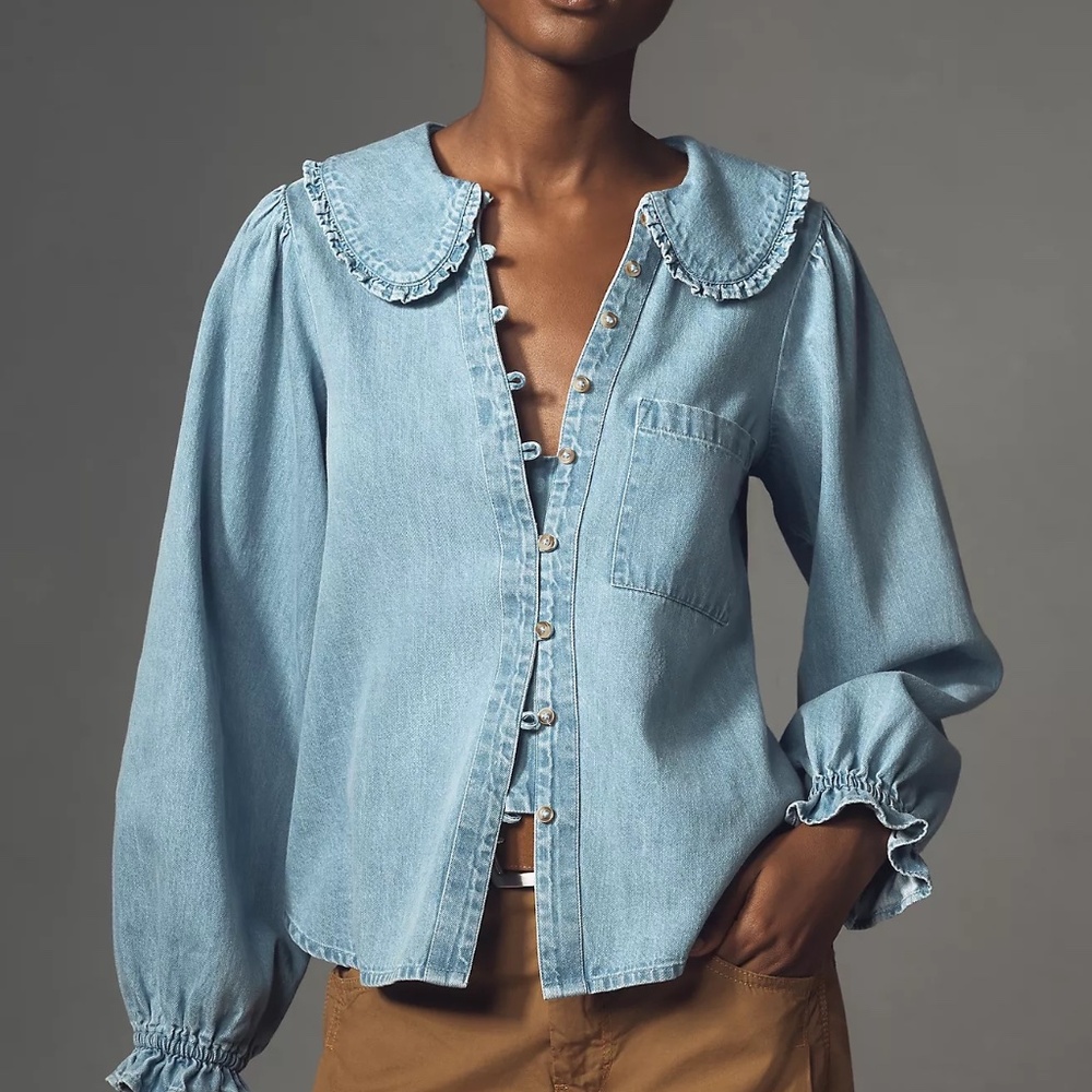 Anthropologie The Keira Ruffled Collared Button-Front Denim Blouse by Pilcro